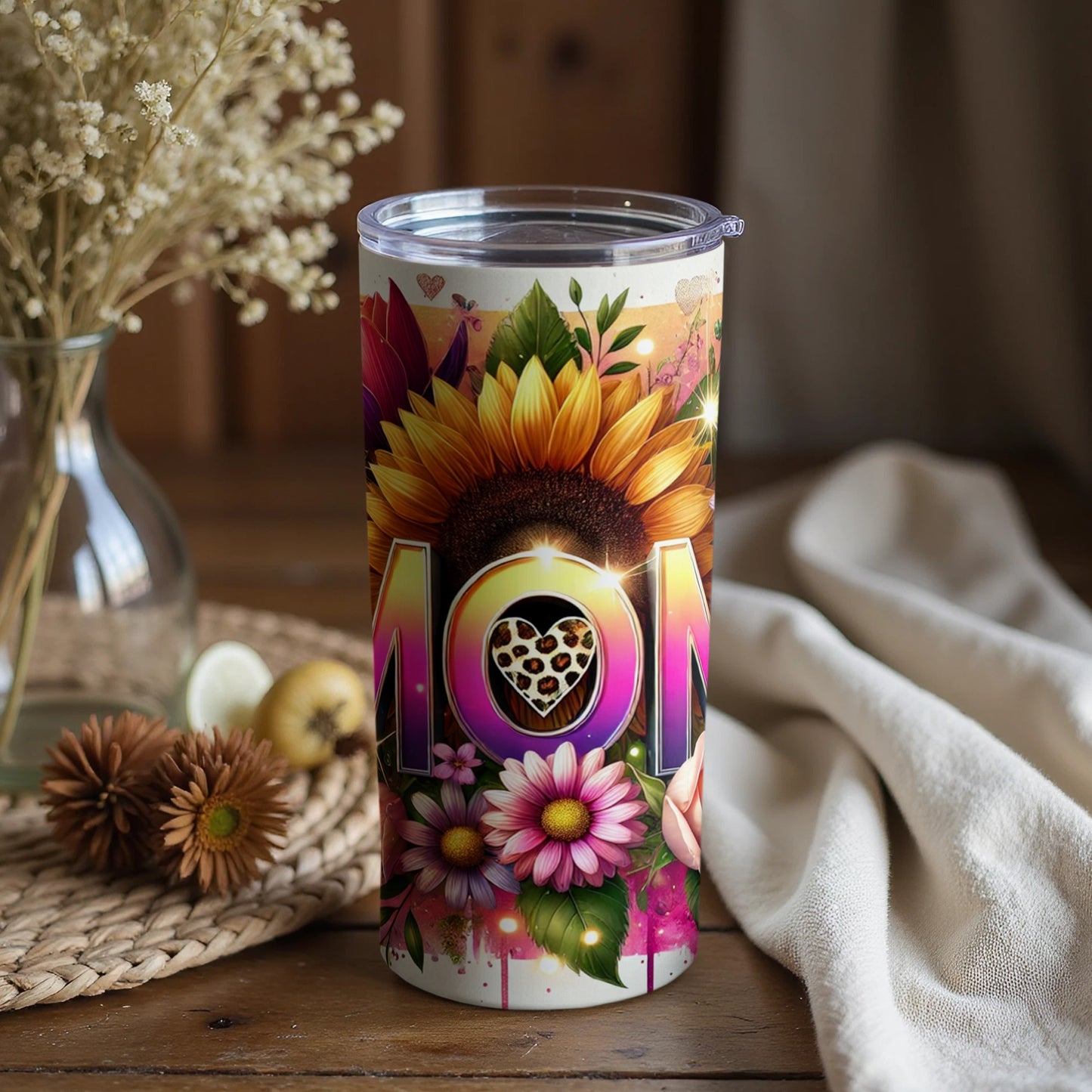 Colorful Floral MOM Tumbler with Sunflower Design