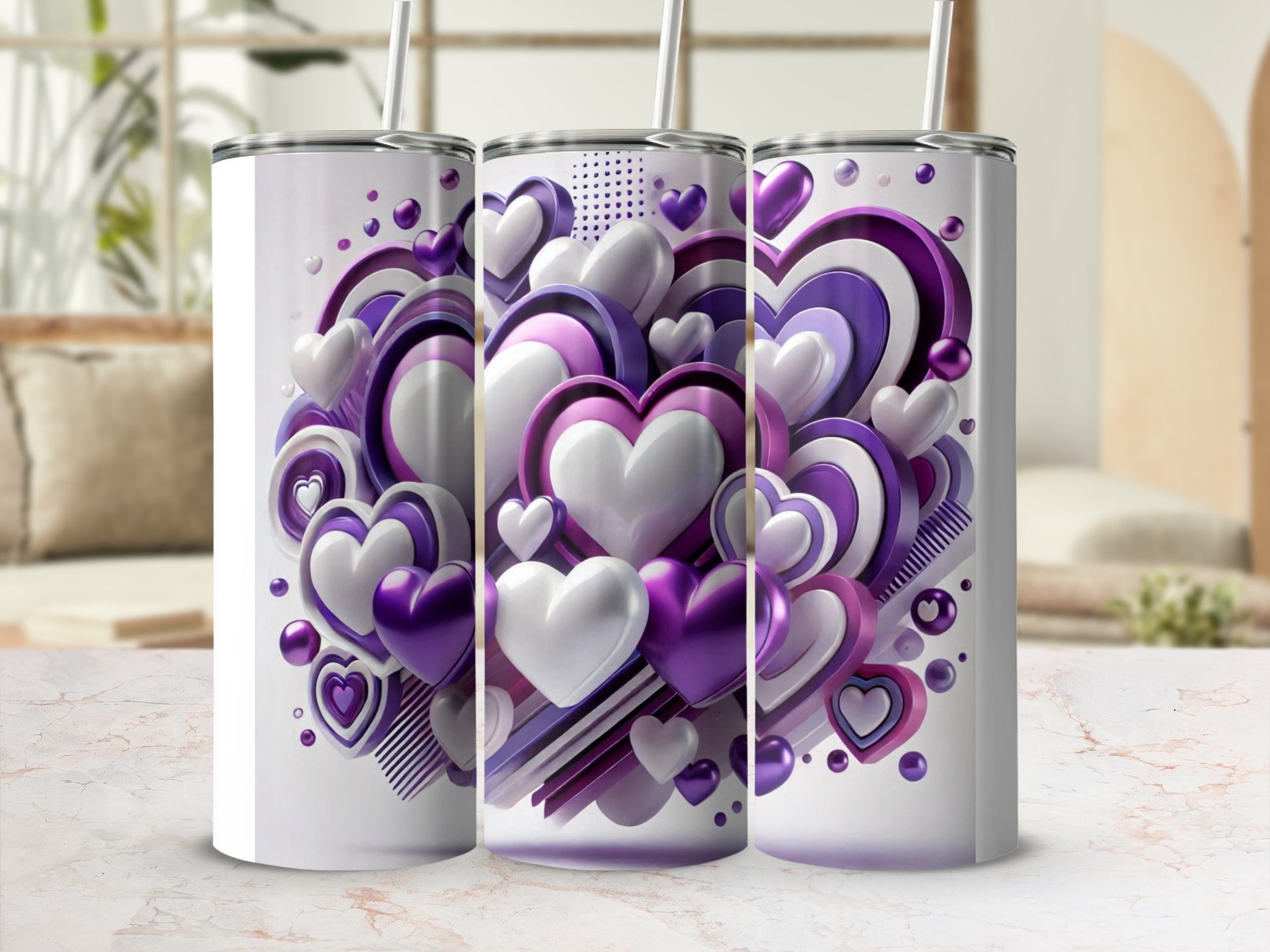 Purple White 3D Hearts Valentines Tumbler product type