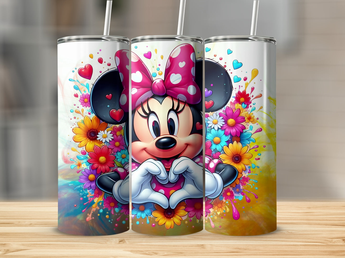 Colorful Hearts and Flowers Minnie Mouse Tumbler