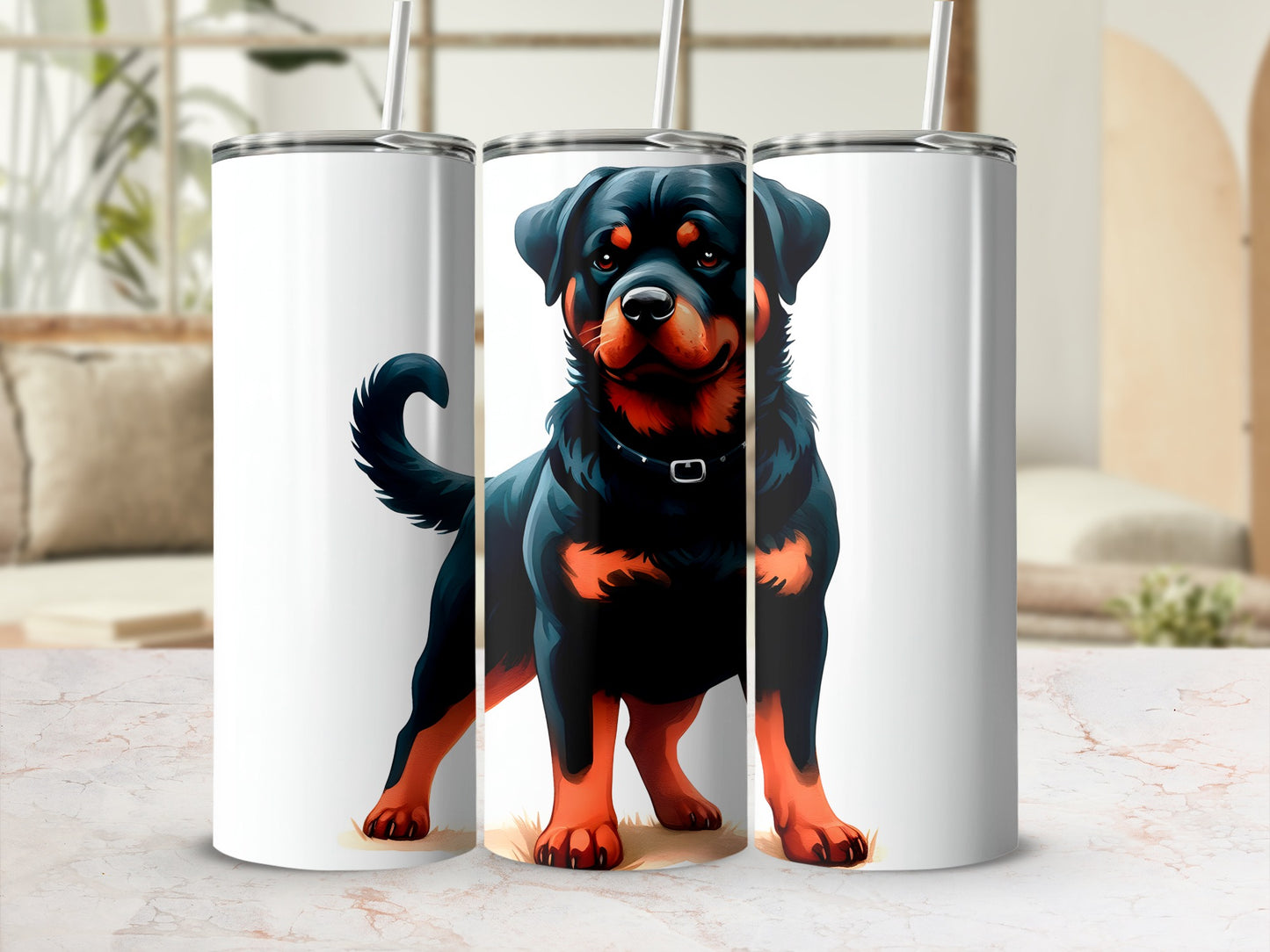 Illustration of a Rottweiler dog on three white tumblers with straws.