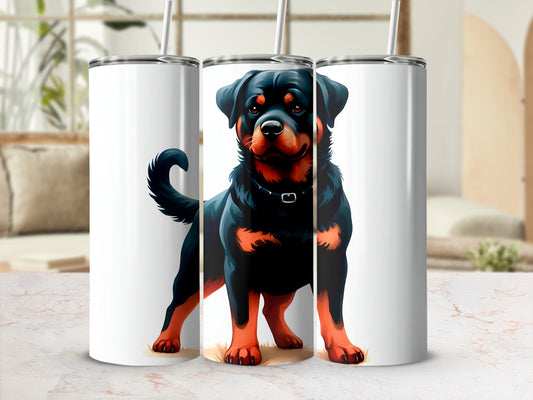 Illustration of a Rottweiler dog on three white tumblers with straws.
