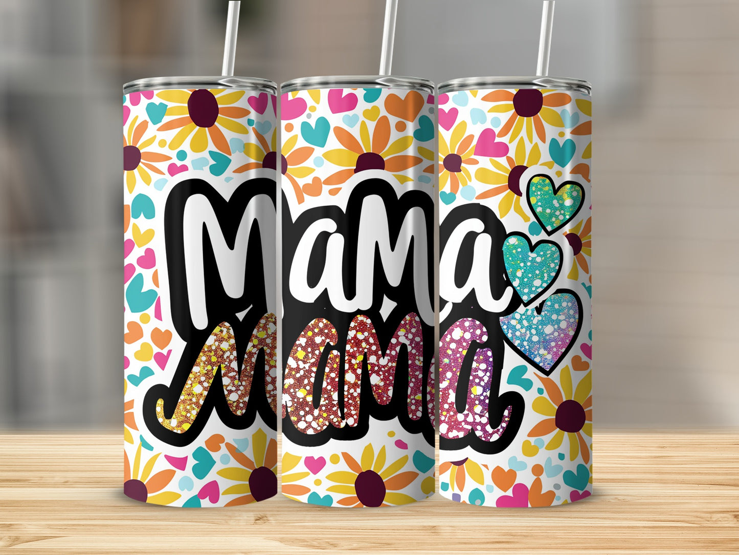 Colorful Floral Mama Hearts Design Tumbler