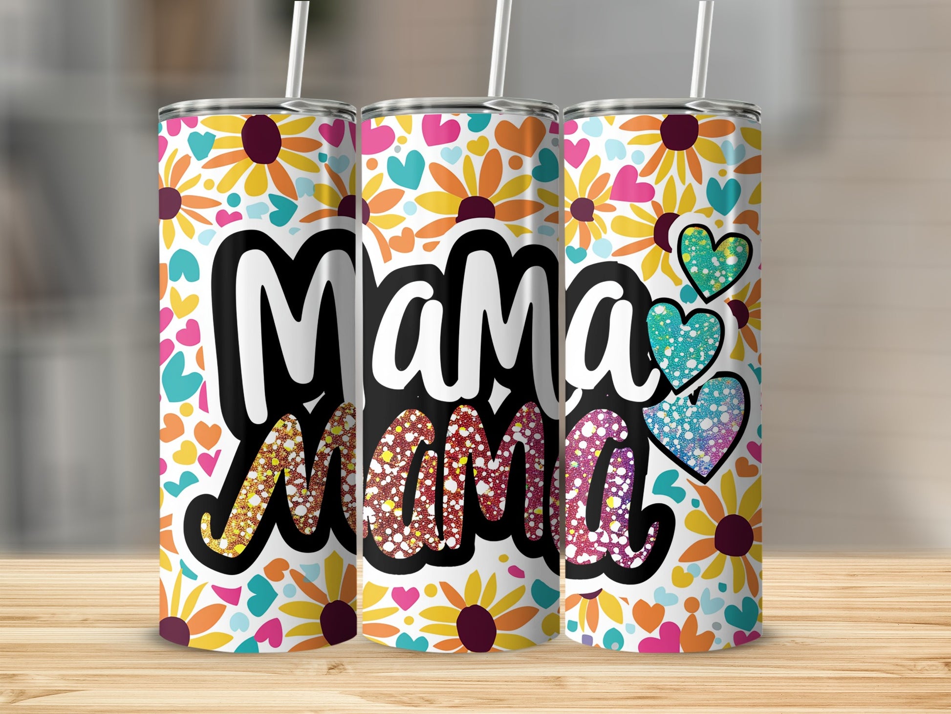 Colorful Floral Mama Hearts Design Tumbler