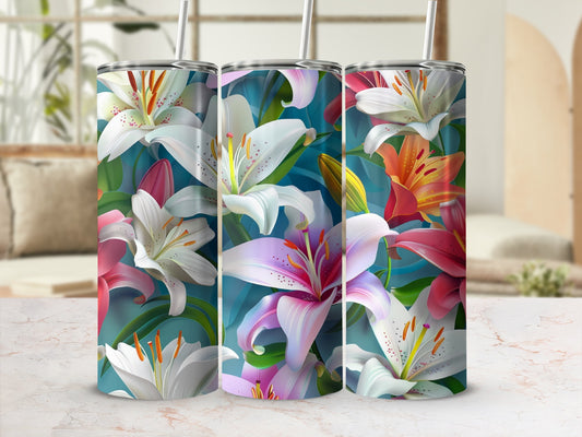 Three tumblers with vibrant lily floral patterns.