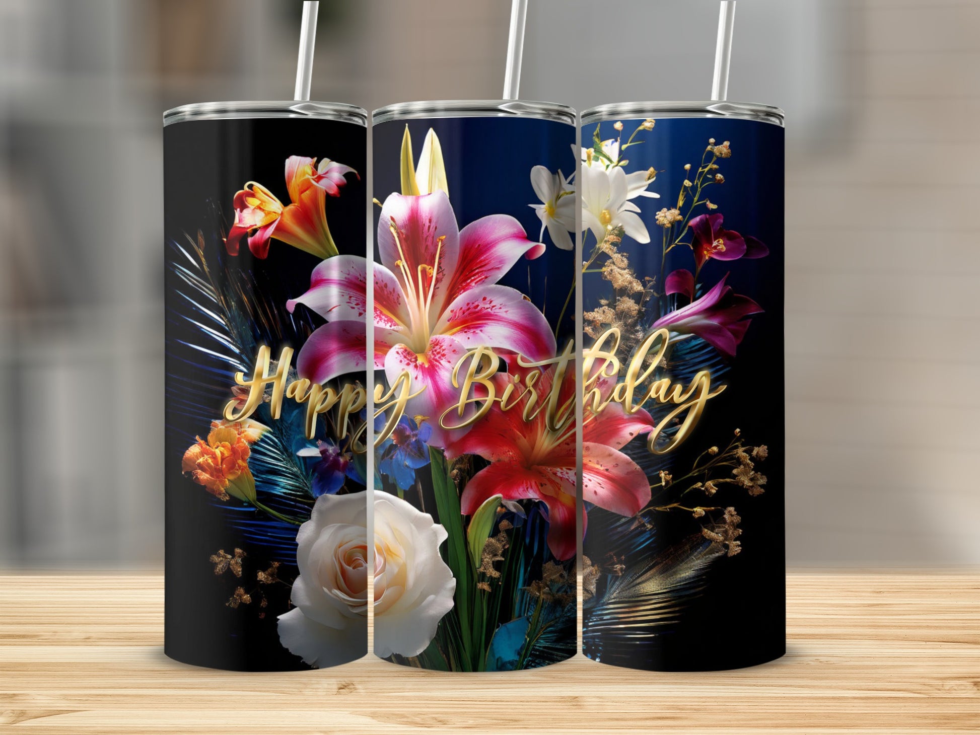 Tall tumbler with a floral design and "Happy Birthday" text.