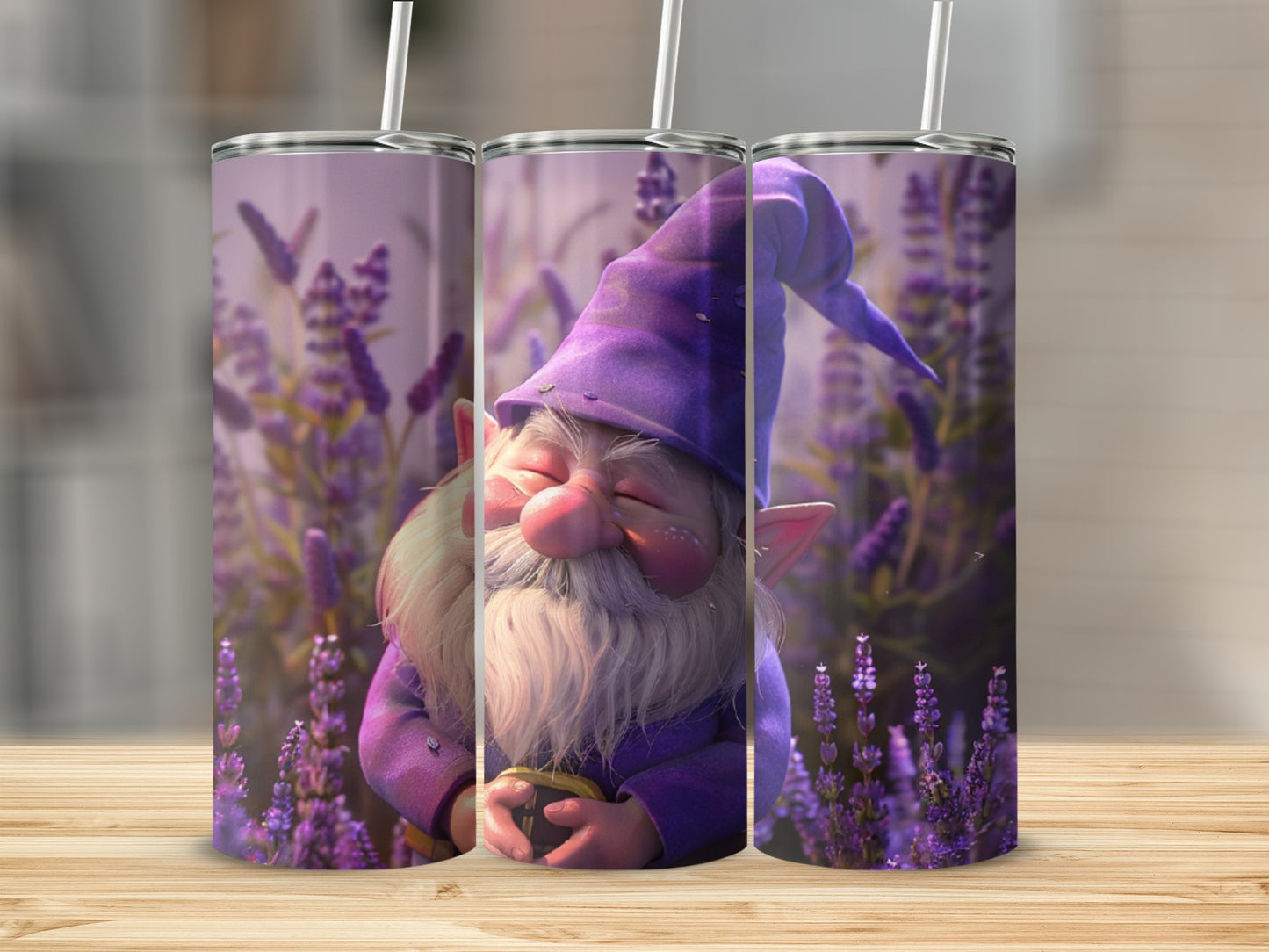 Three tumblers featuring a smiling gnome with a purple hat among lavender flowers.