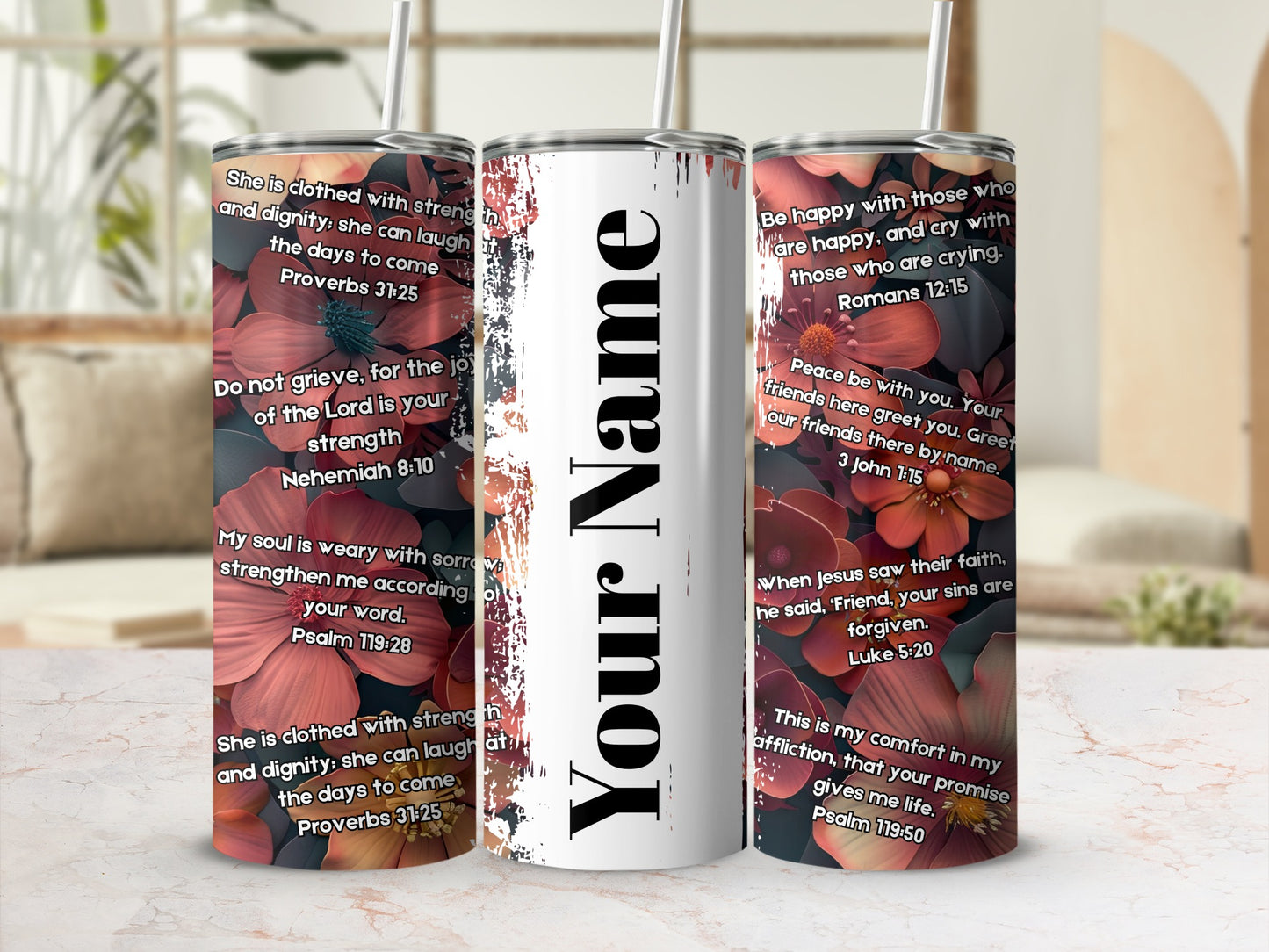 Personalized Floral Scripture Design Stainless Steel Tumbler