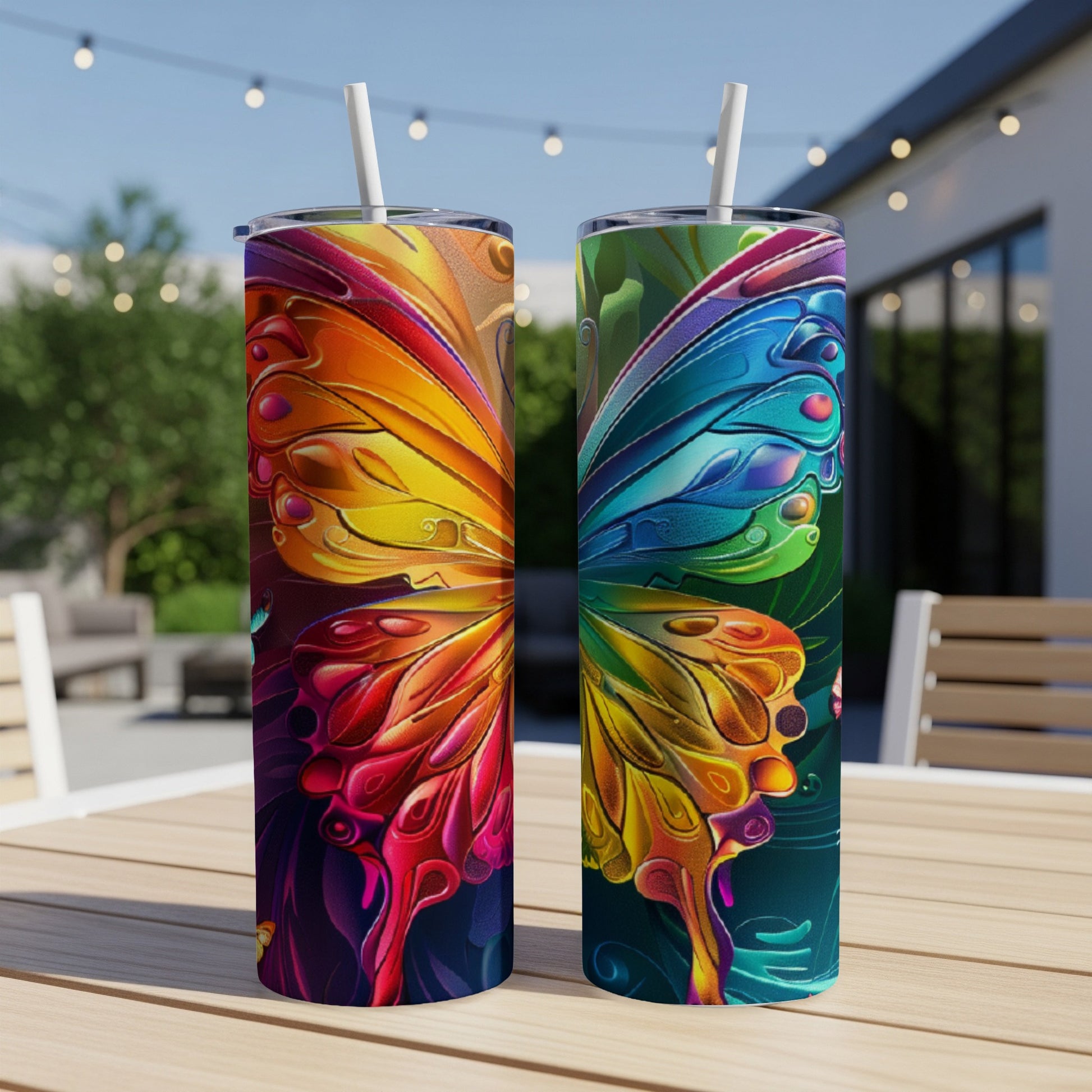 Two colorful butterfly wing patterned tumblers with straws on a table.