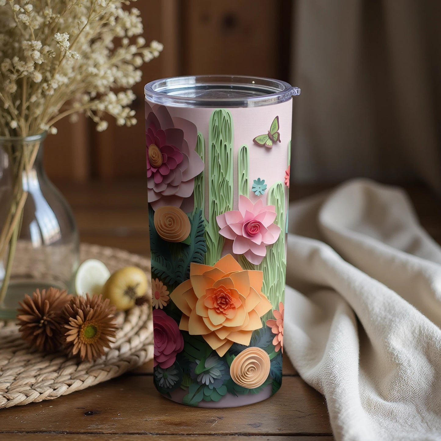 Colorful Succulent and Floral Patterned Tumbler Cup
