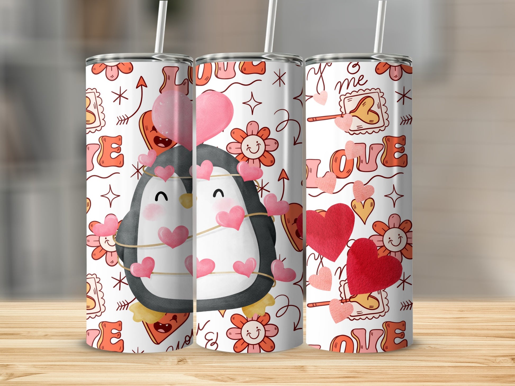 Adorable Penguin Love and Hearts Valentine's Day Tumbler