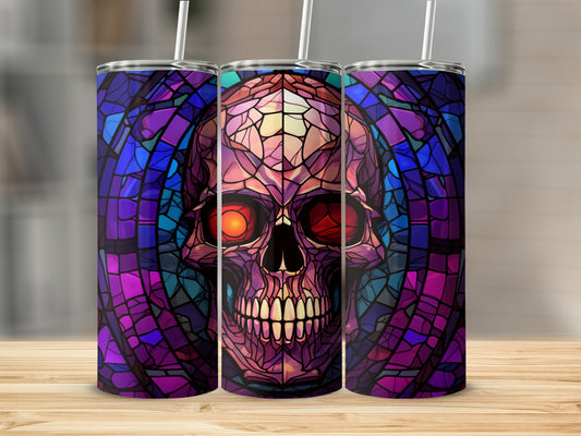 Stained glass skull with red eyes on a purple and blue geometric background.