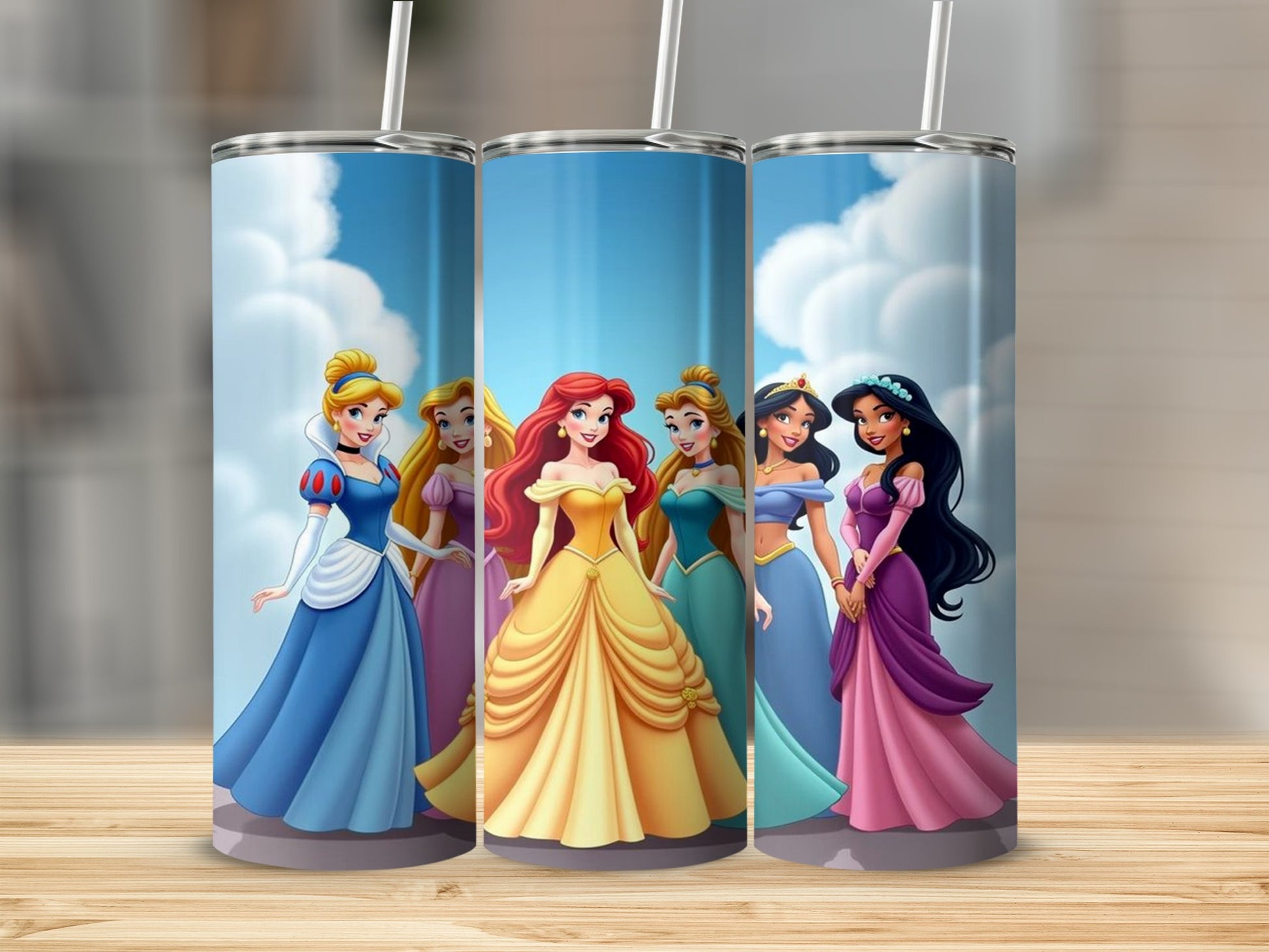 Five Disney princesses stand in front of a cloudy sky.