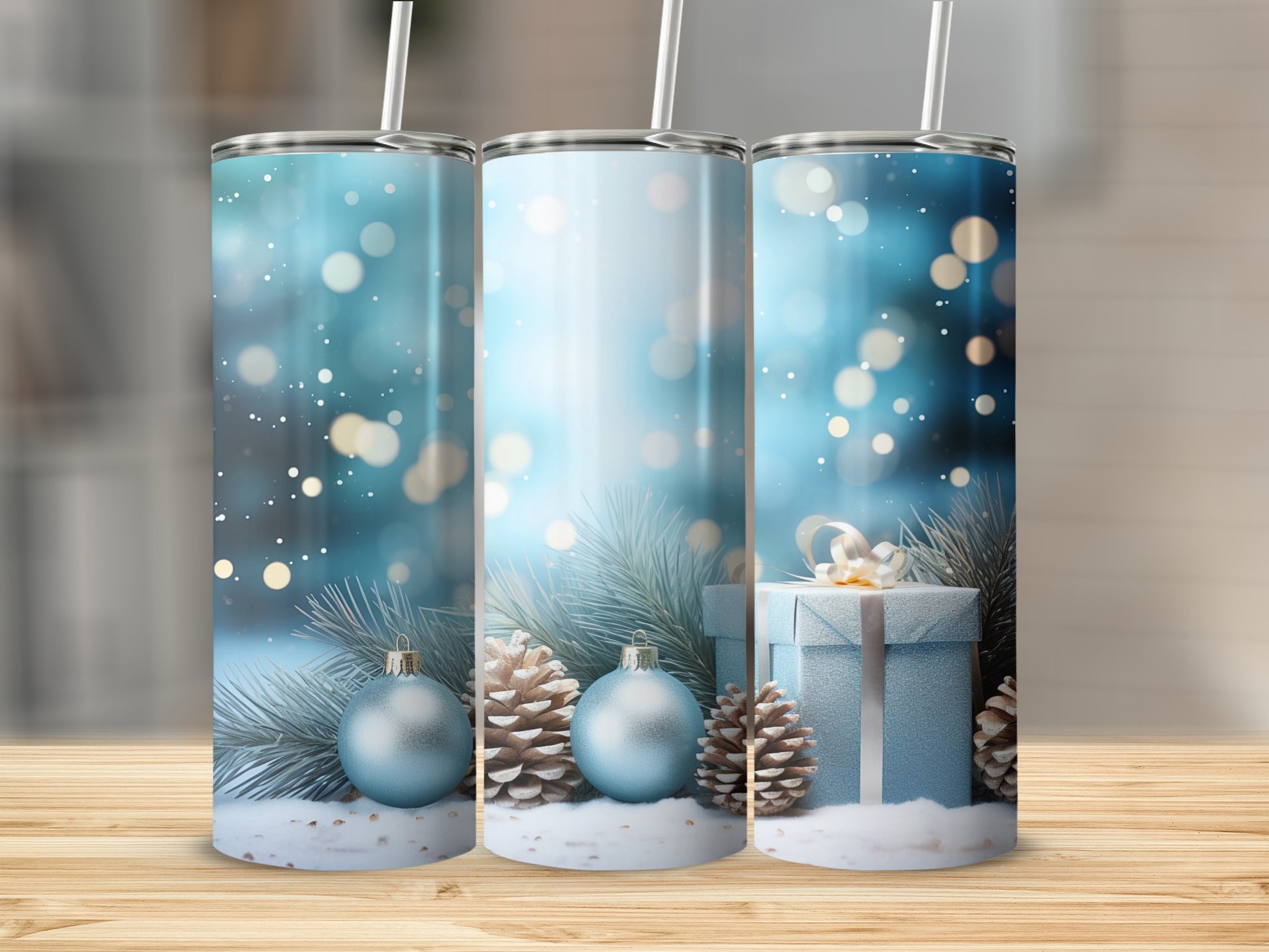 Festive Blue Holiday Design with Ornaments and Pines Tumbler