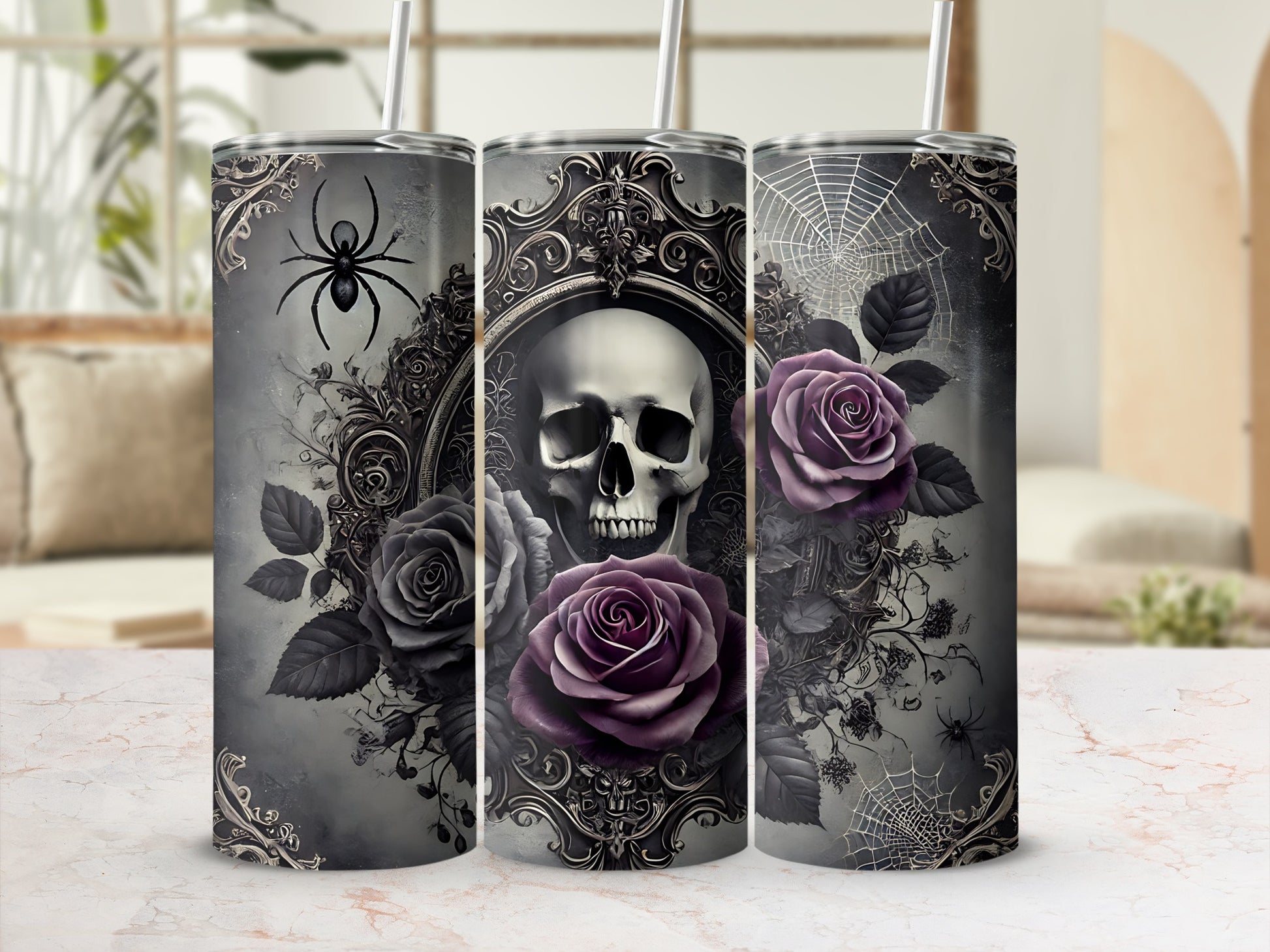 Three tumblers with skulls, roses, and spiders in ornate frames.