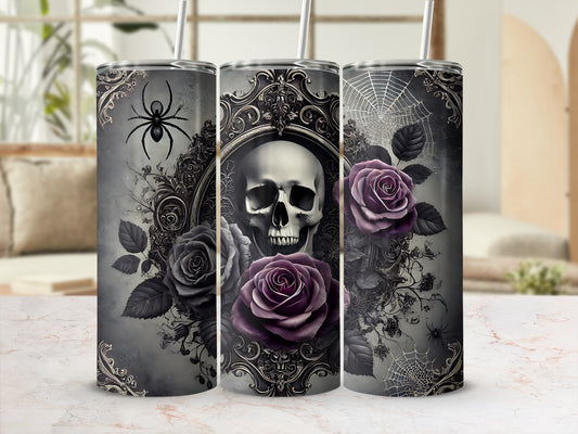 Three tumblers with skulls, roses, and spiders in ornate frames.