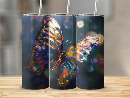 Three tumblers featuring a colorful stained-glass butterfly design.