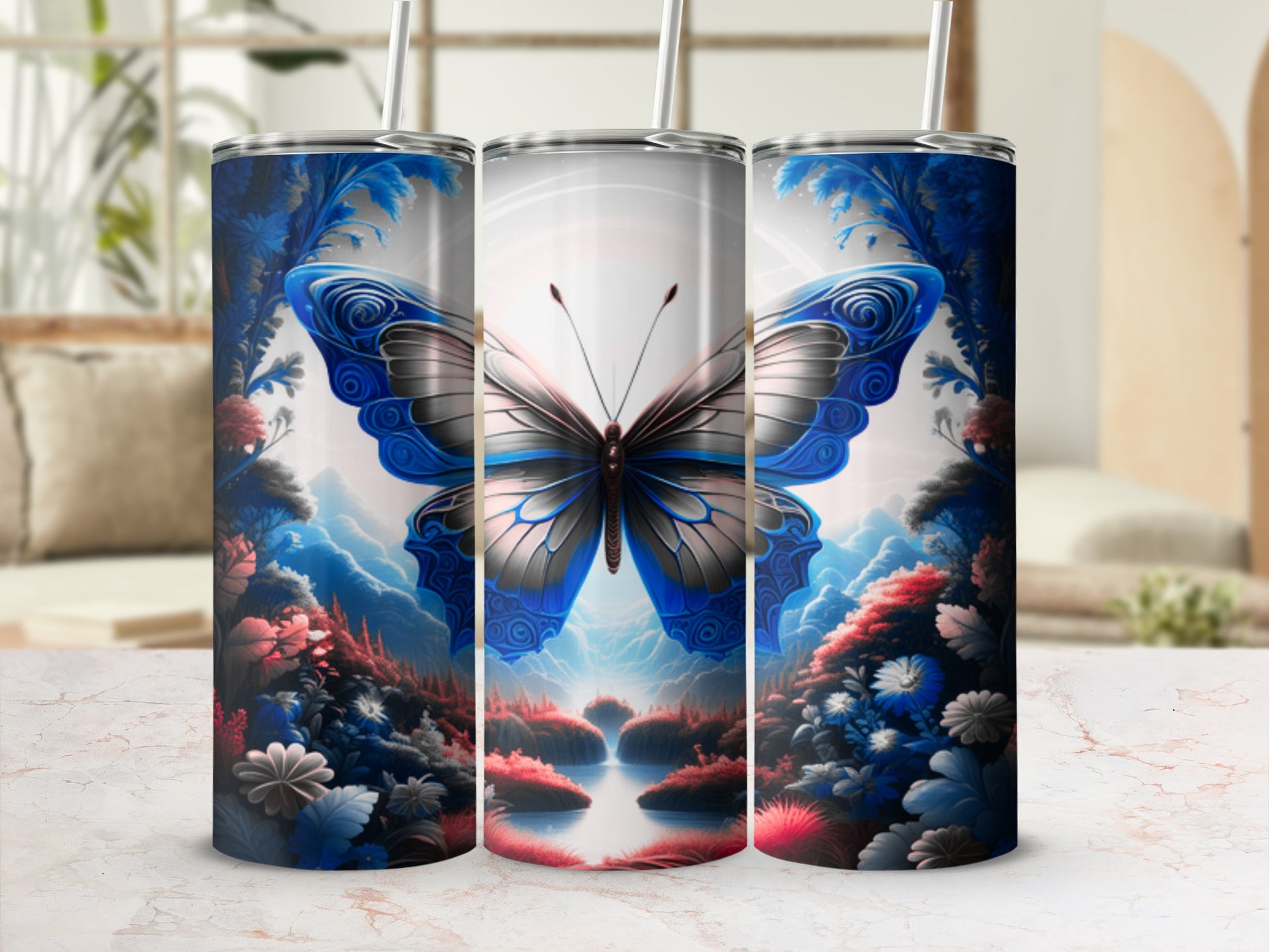 Tall tumbler with a large blue butterfly and colorful floral landscape.