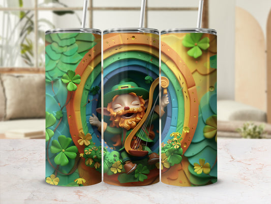 Leprechaun playing a harp inside a rainbow tunnel, surrounded by shamrocks.