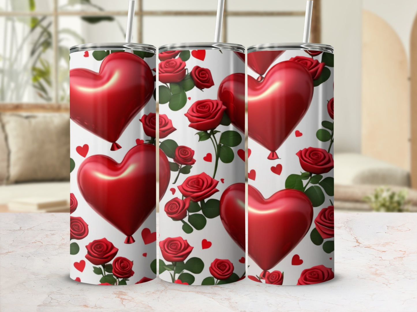 Three tumblers with heart balloons and red roses pattern.