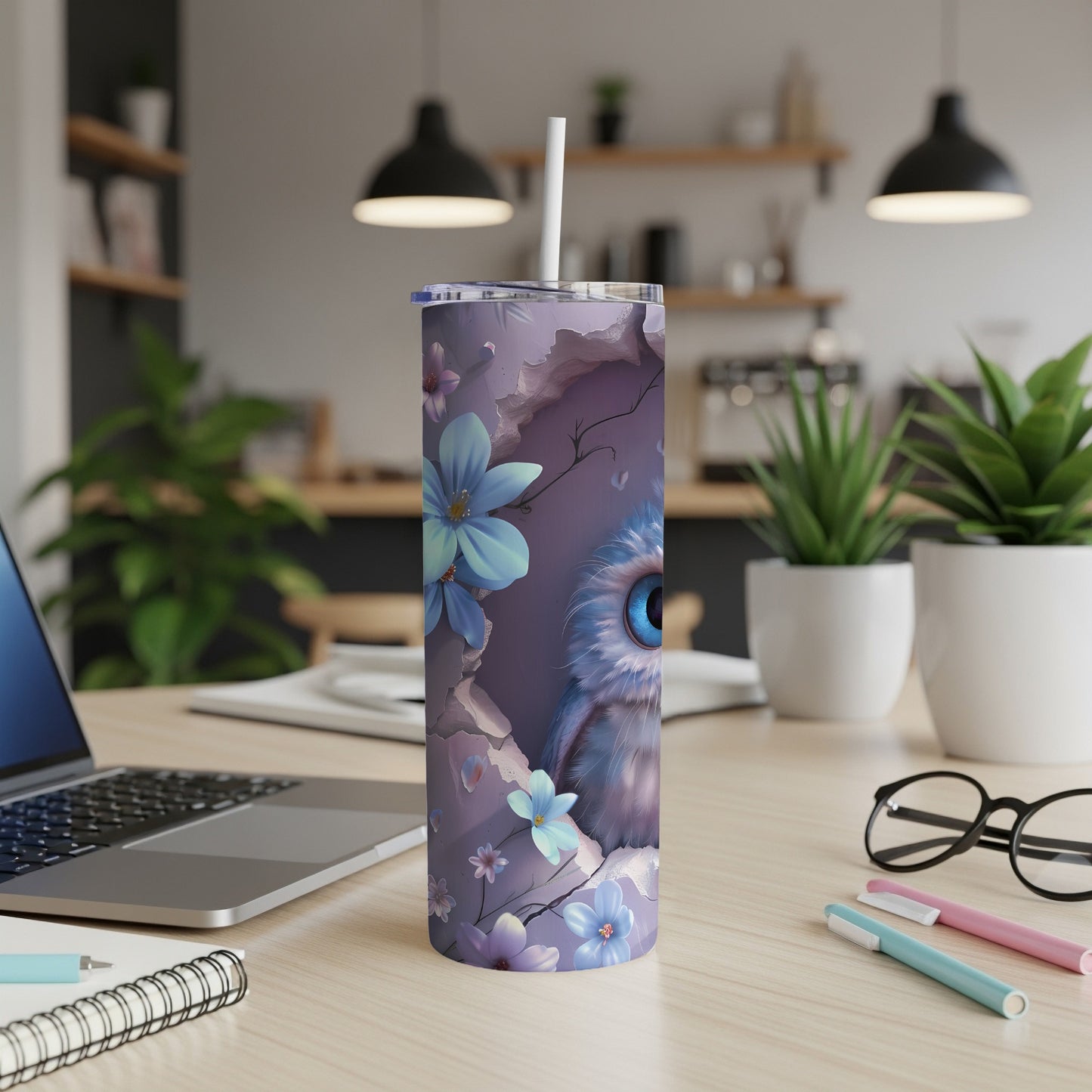 Purple tumbler with a cute owl and floral design.