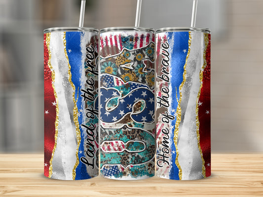 USA flag design with glitter border on three tumblers.