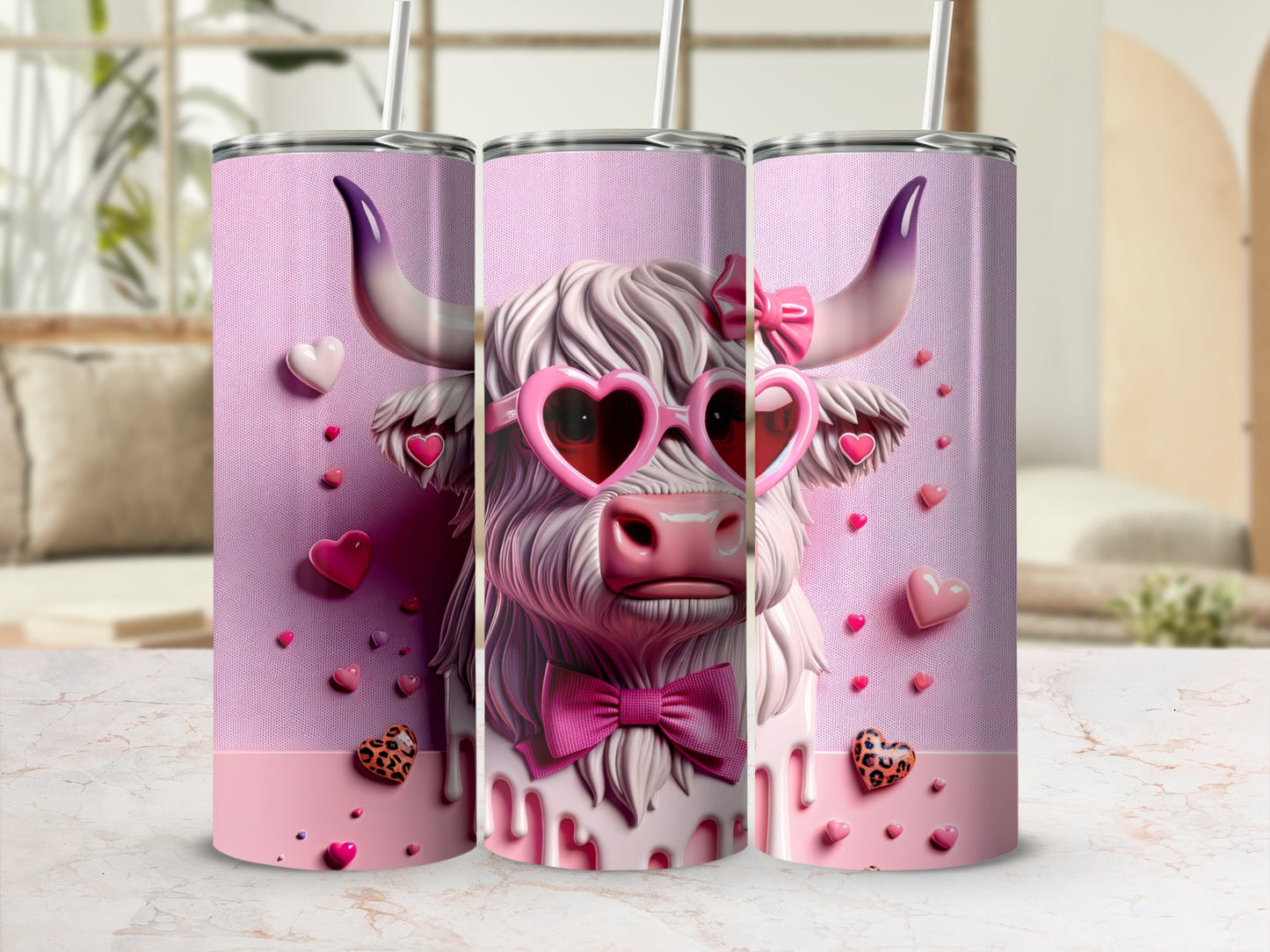 Pink Highland cow wearing heart glasses and bow tie with hearts.