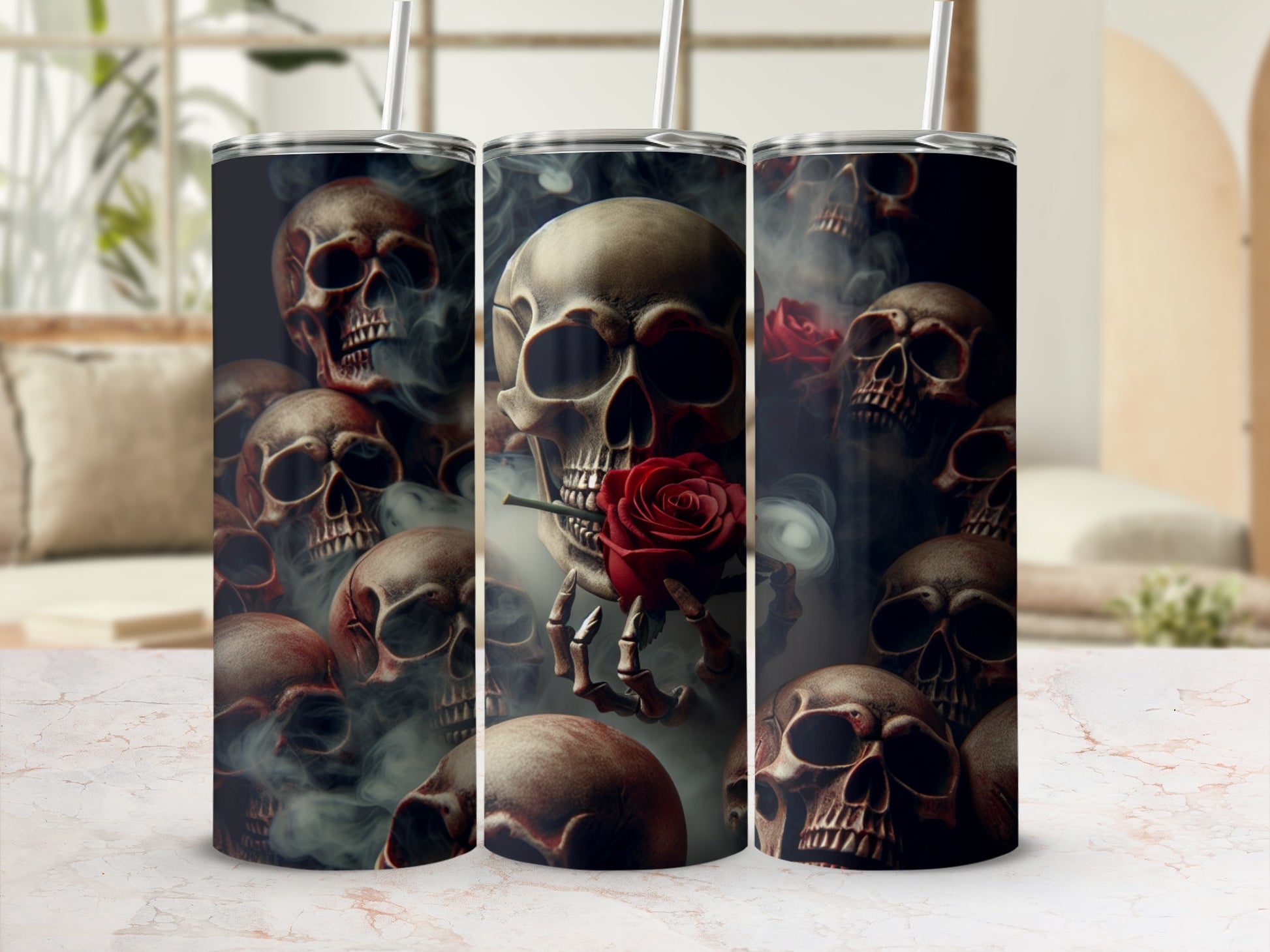 Skulls and a red rose with smoke, on a tumbler.