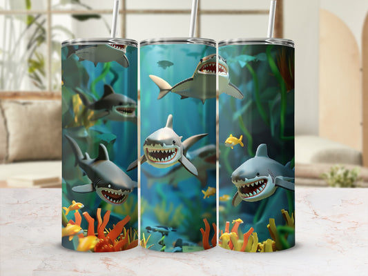 Three cartoon sharks with sharp teeth swimming underwater with coral and small fish.