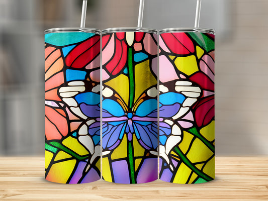 Three tumblers with stained glass butterfly and floral designs.