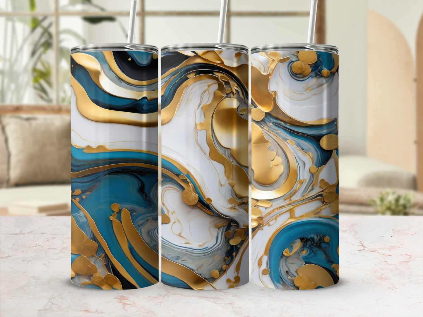 Three tumblers with abstract blue, gold, and white marble-like patterns.