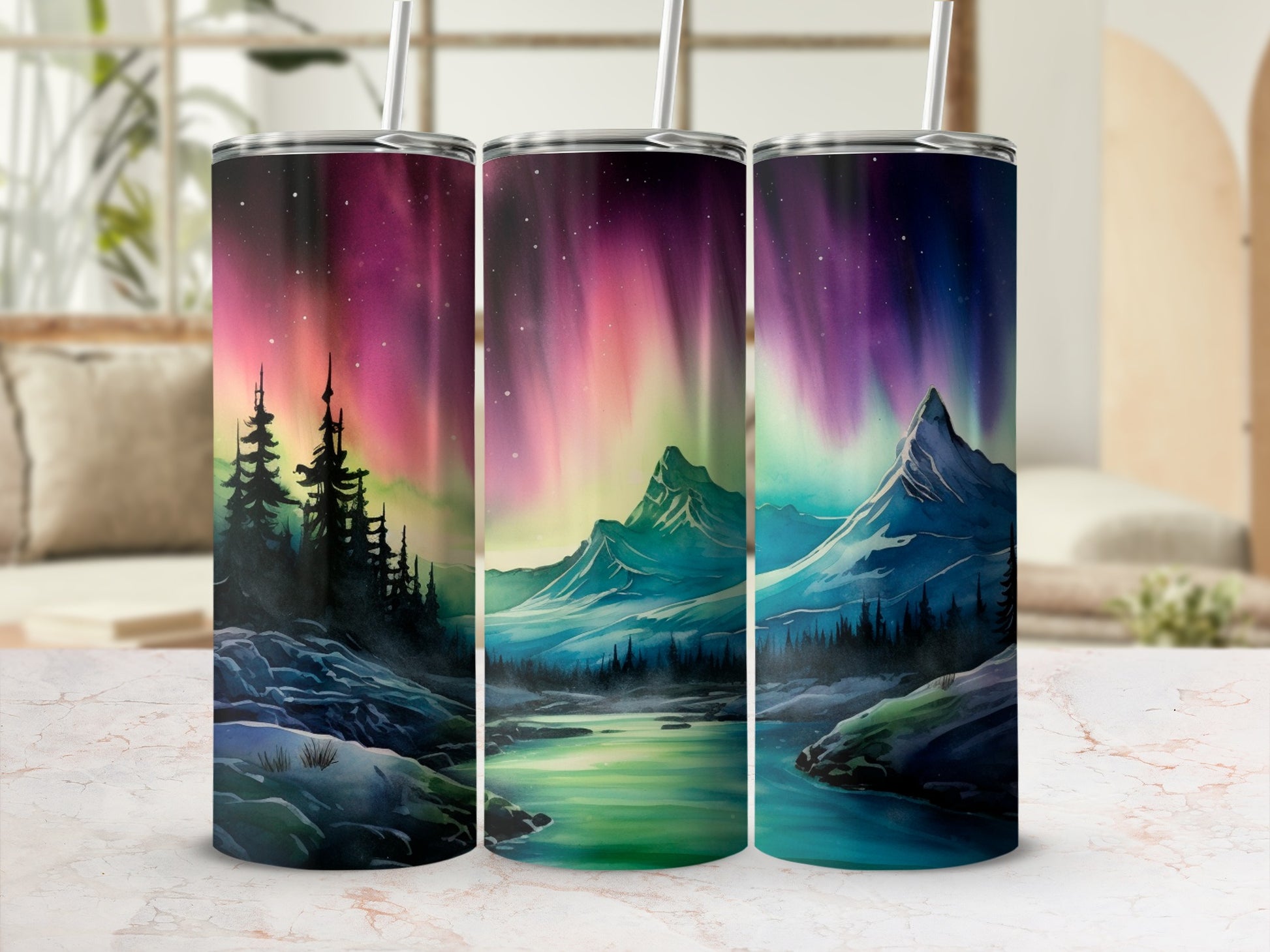 Colorful Northern Lights Scenic Tumbler with Straw