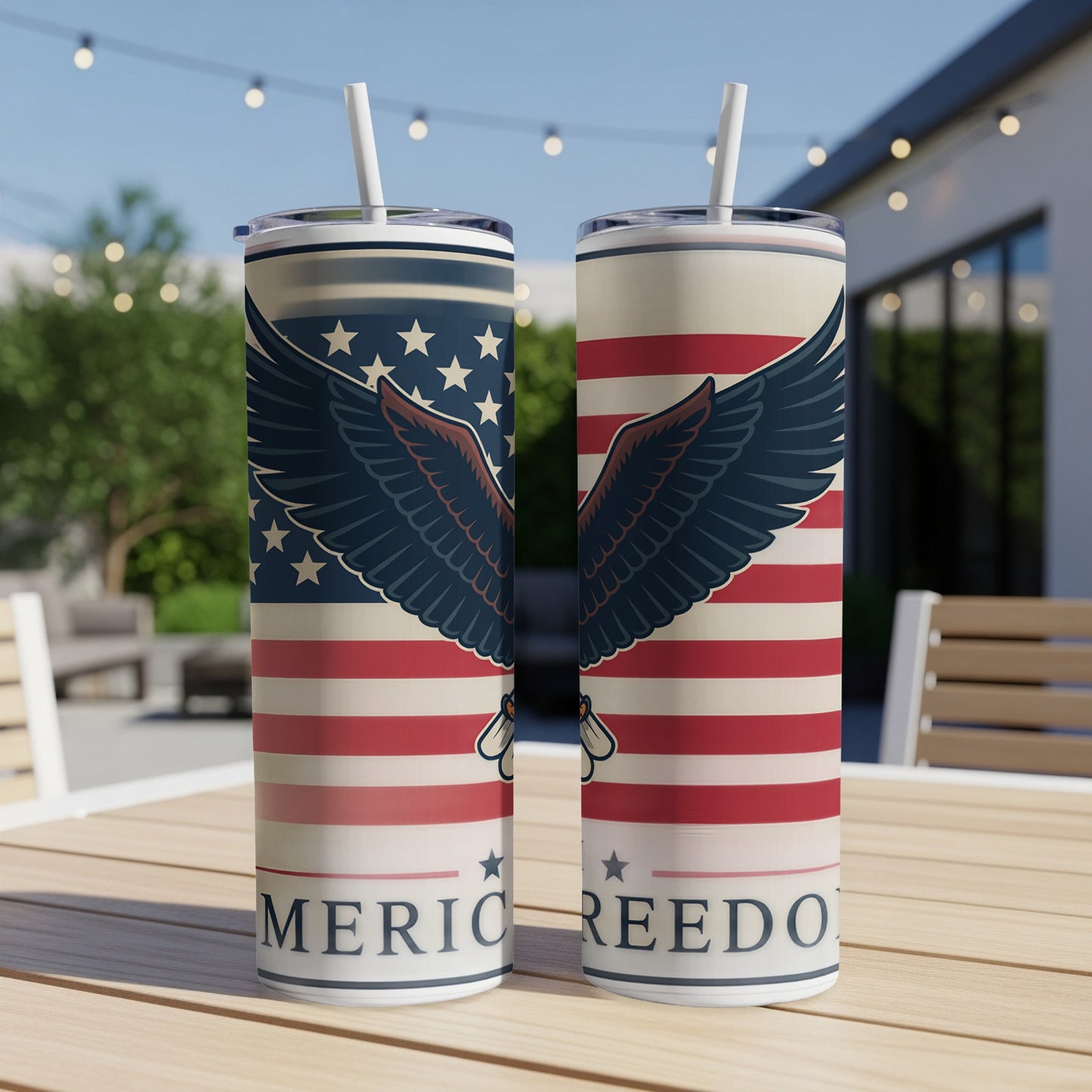 Two tumblers with American flag design and eagle wings, reading "AMERICA FREEDOM".