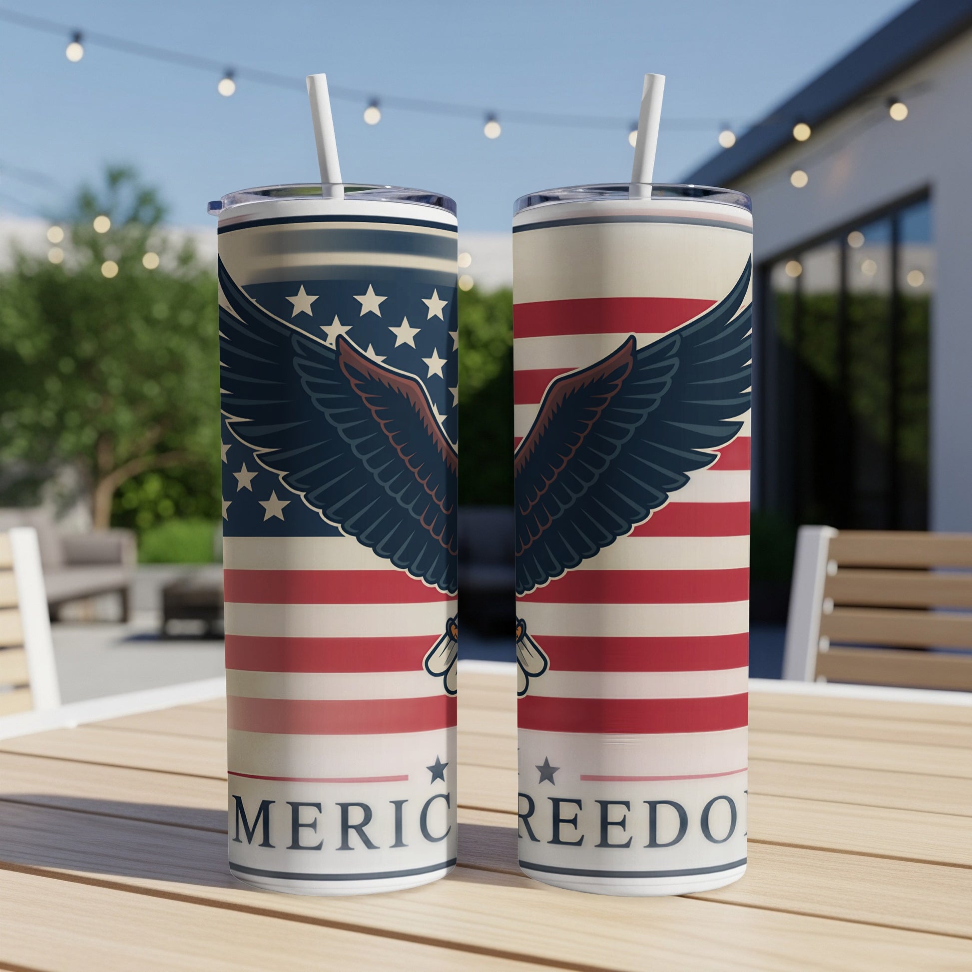 Two tumblers with American flag design and eagle wings, reading "AMERICA FREEDOM".