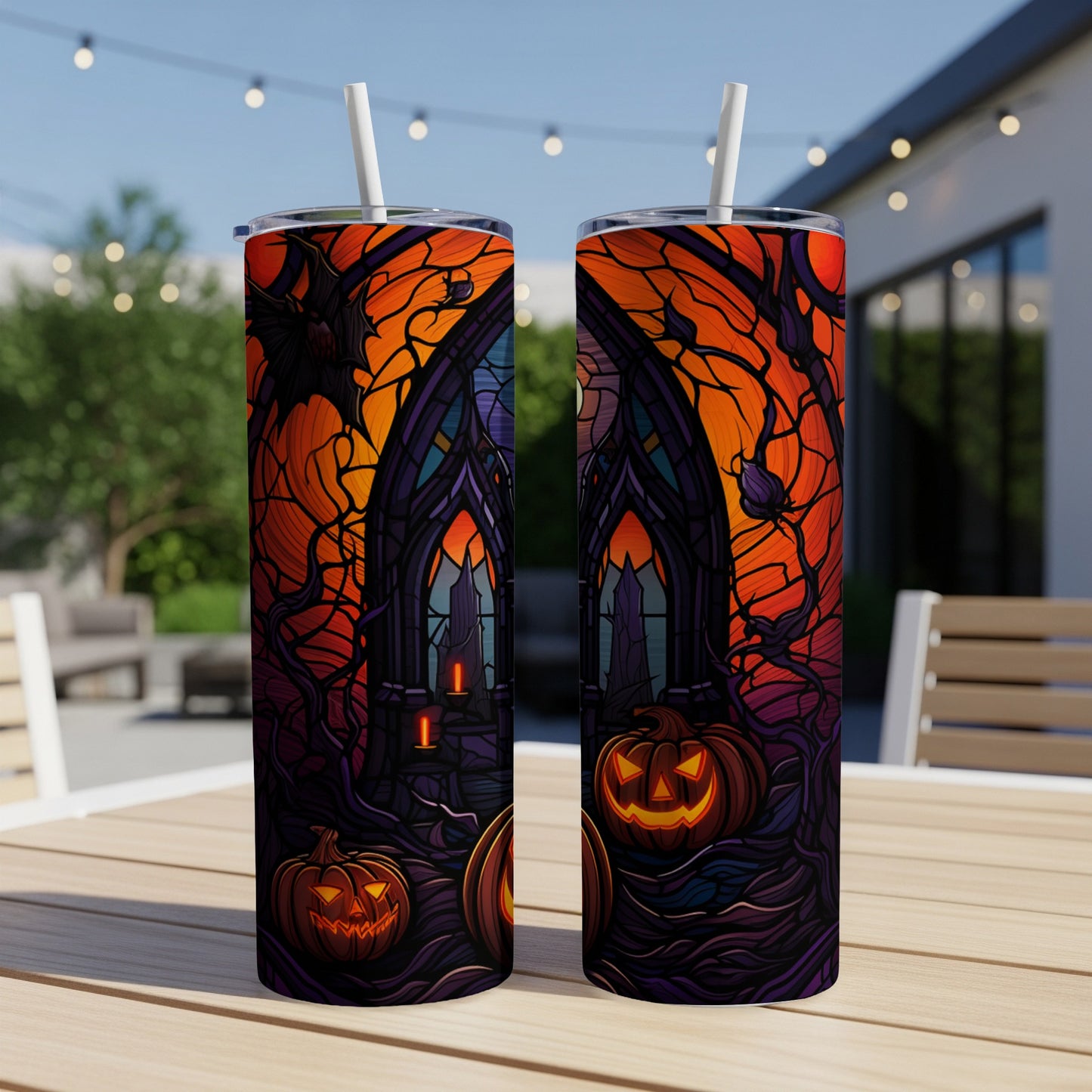 Two Halloween-themed tumblers with pumpkins and a gothic archway design.