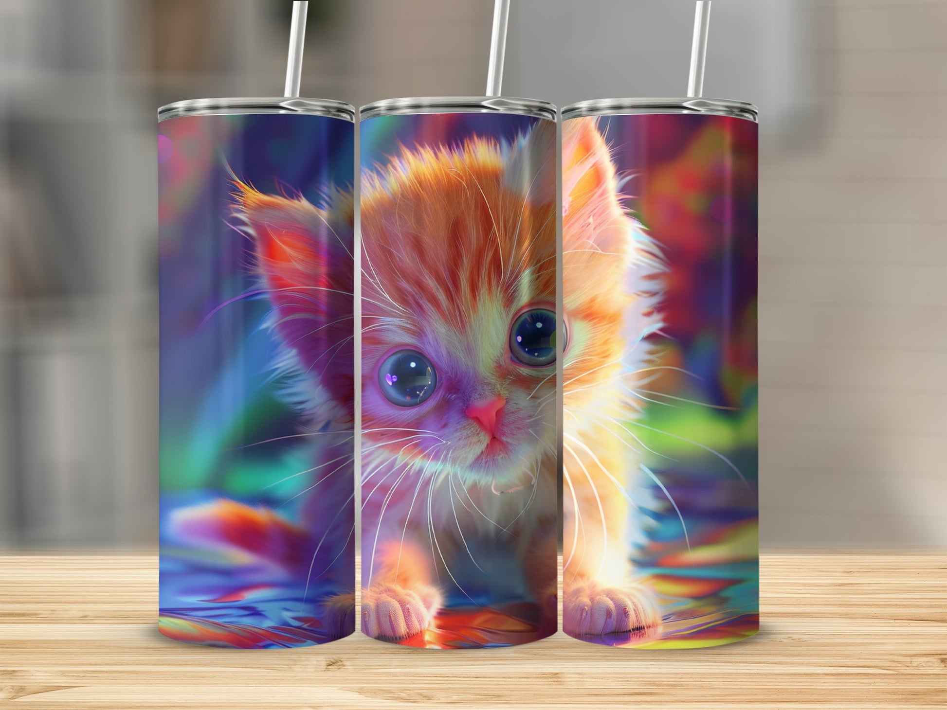Three tumblers with a cute kitten illustration on a wooden surface.