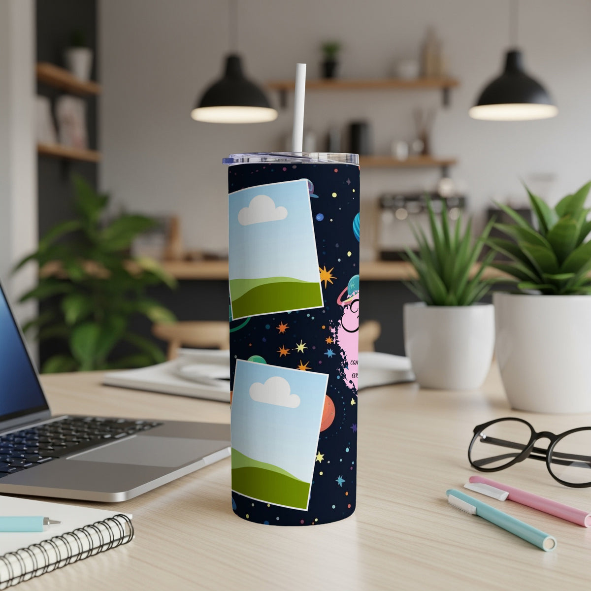 Tumbler with a dark blue cosmic design featuring planets, stars, and a pink llama graphic.