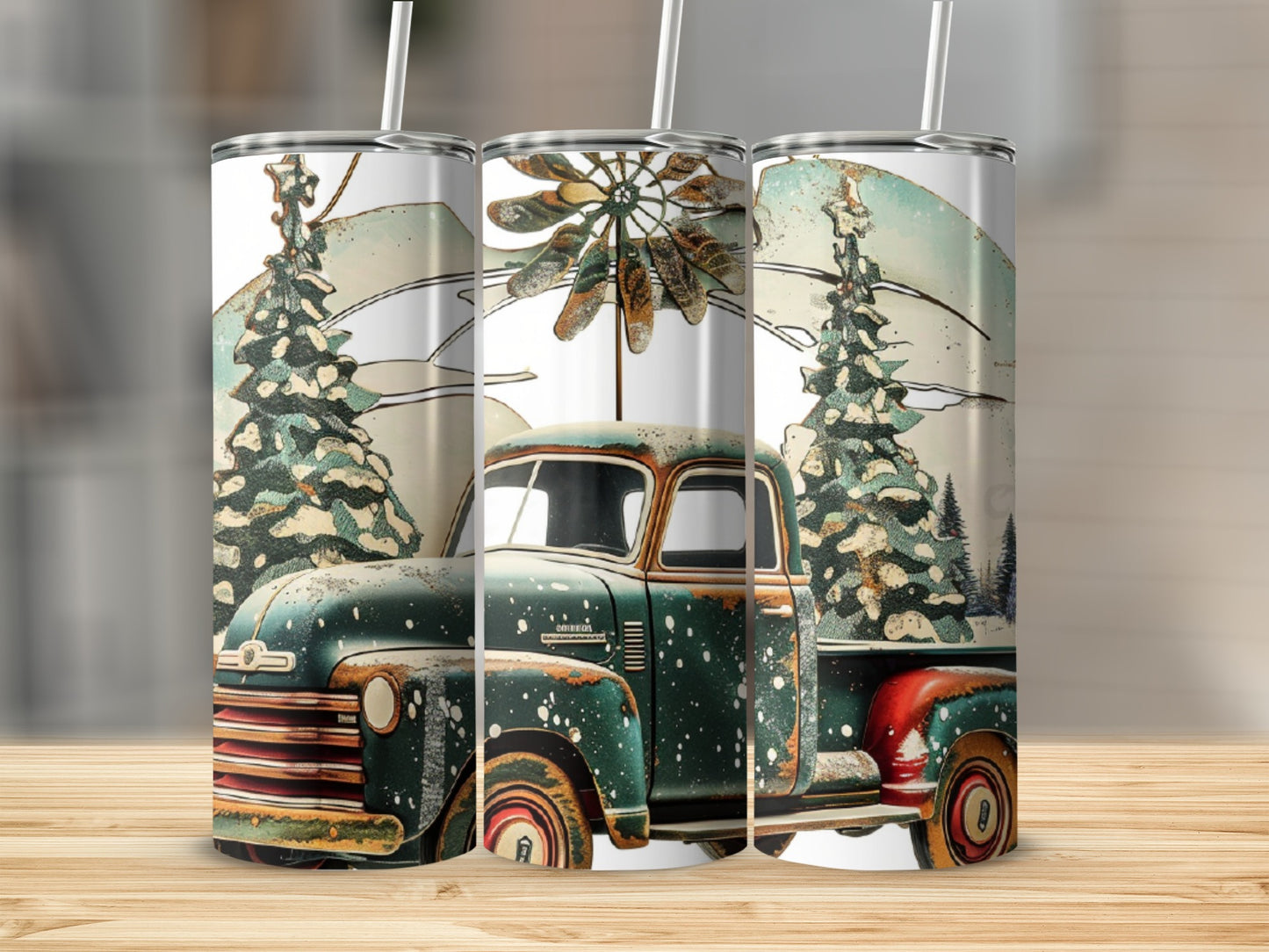 Green vintage truck with Christmas trees and windmill graphic on a tumbler.