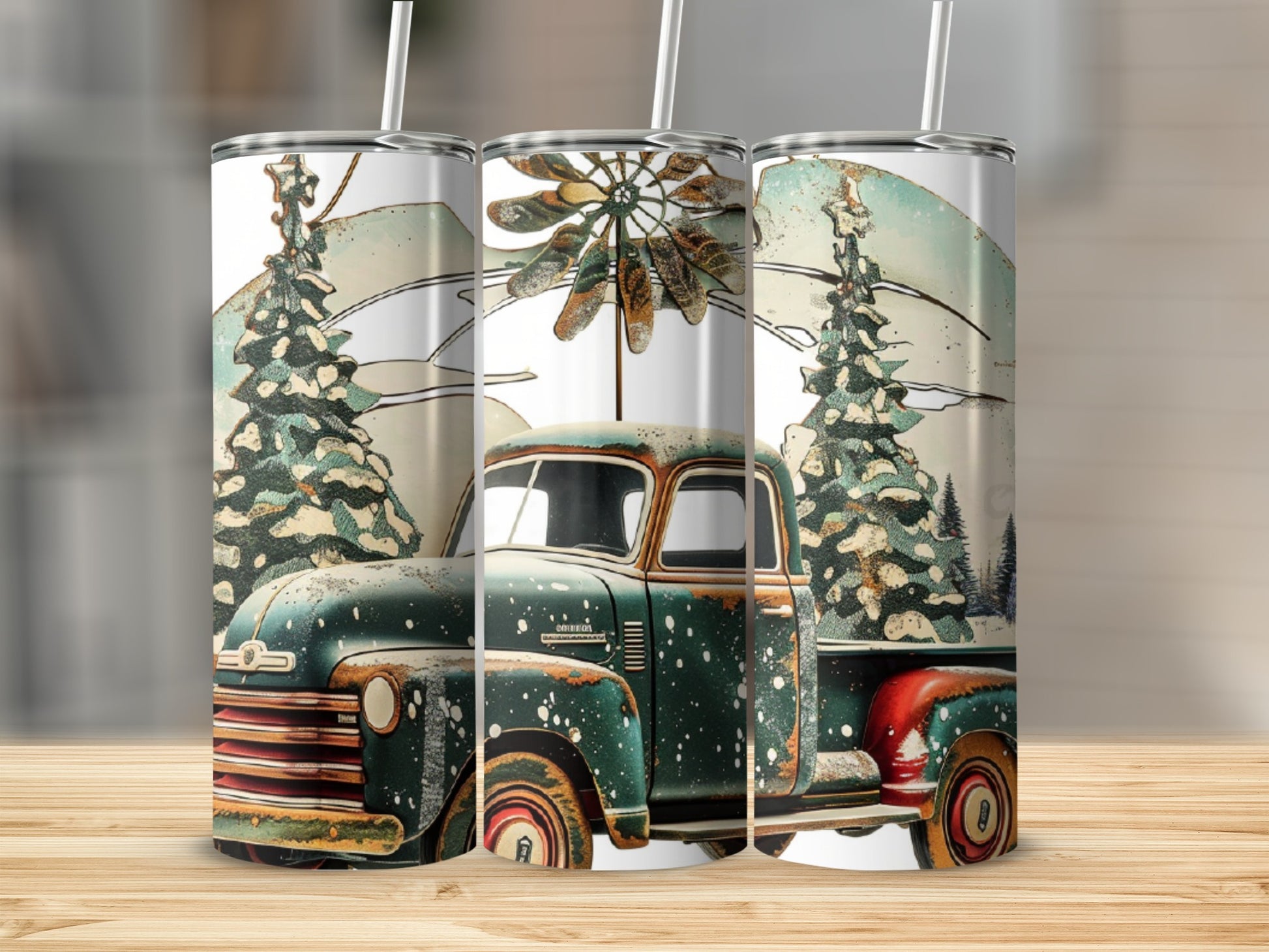 Green vintage truck with Christmas trees and windmill graphic on a tumbler.