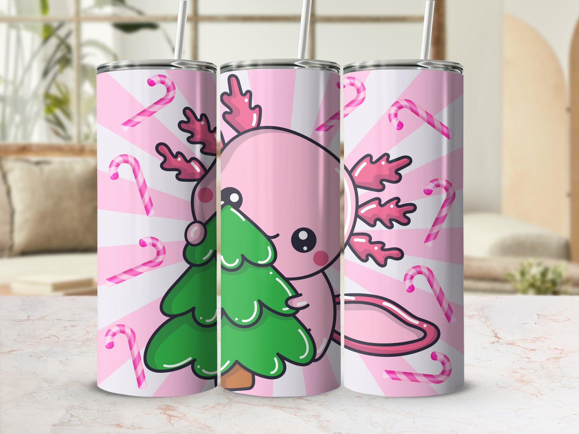 Cute axolotl with candy canes and Christmas tree design