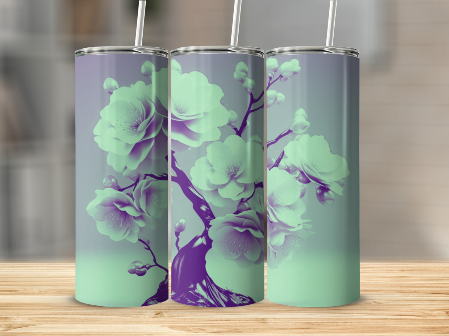Three tumblers with a purple and green floral tree design.