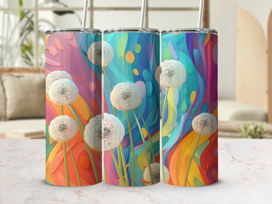 Three tumblers with a colorful abstract dandelion pattern.