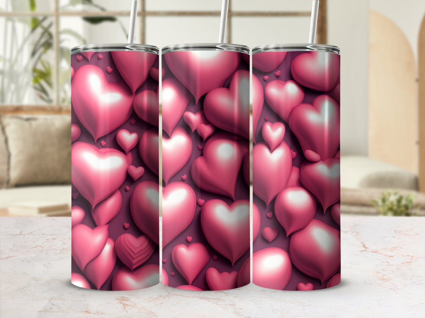 Three tumblers adorned with a pattern of glossy pink hearts.