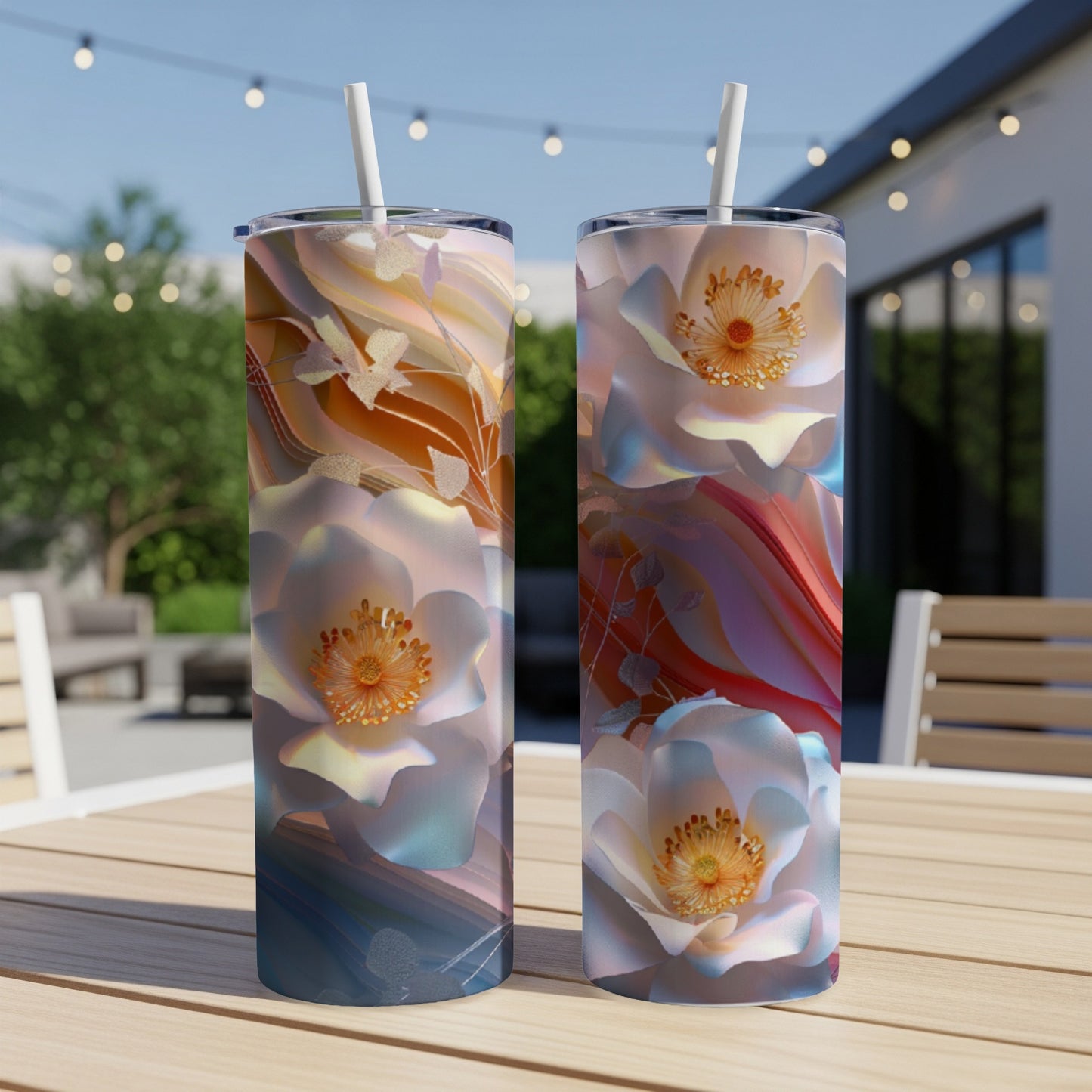 Two tall tumblers with floral designs sit on a wooden table.