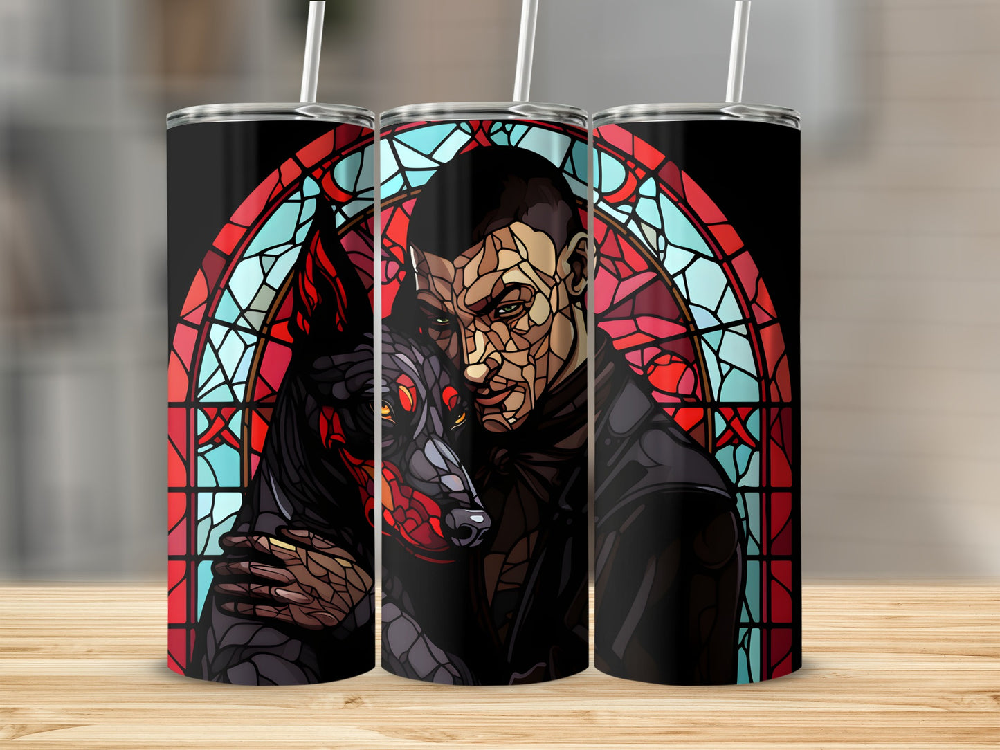 Three tumblers feature a man and wolf design with stained-glass window background.