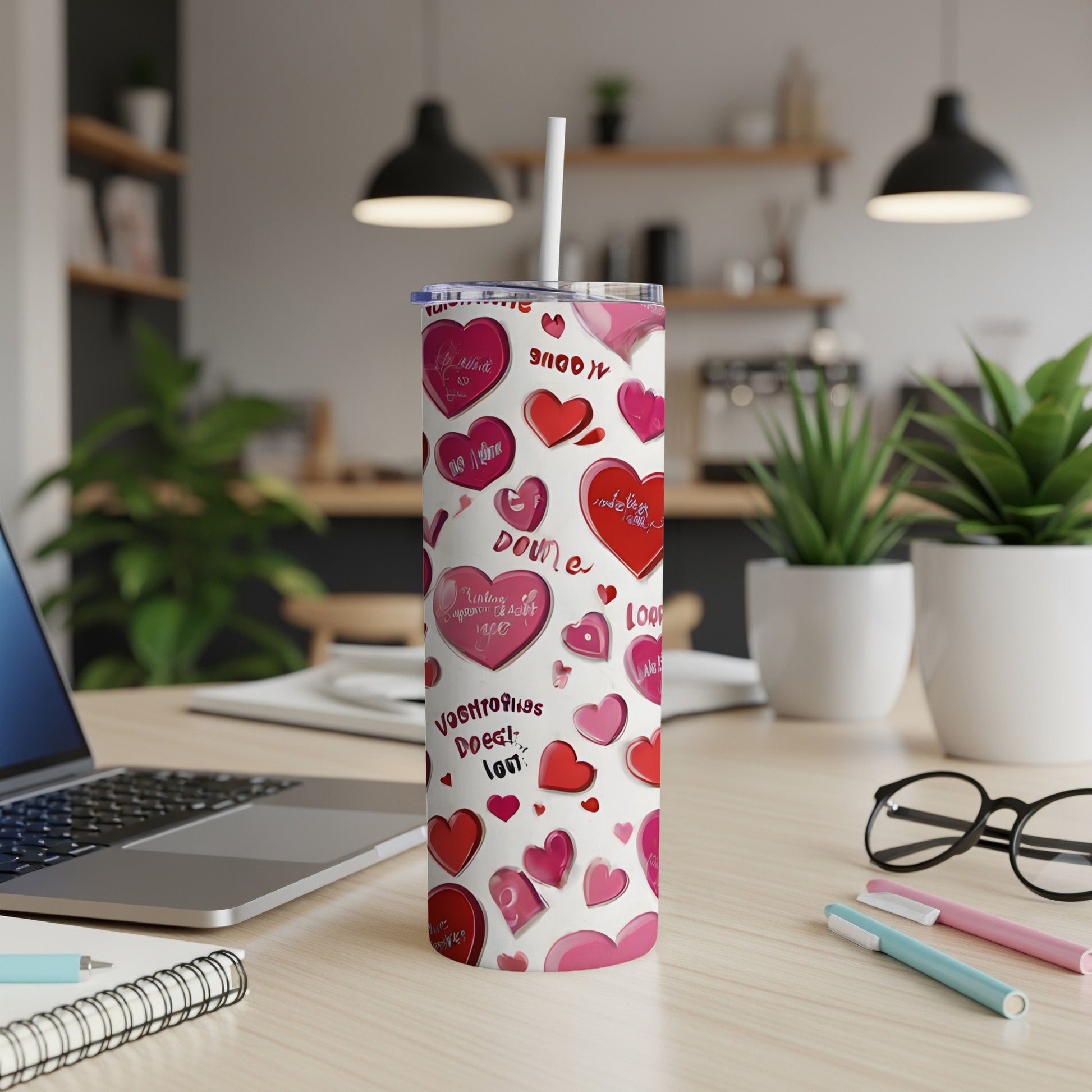 White tumbler with pink hearts and handwritten text, including "Love" and "You".