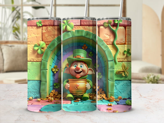 Leprechaun in front of rainbow arch with pot of gold, St. Patrick's Day tumbler.