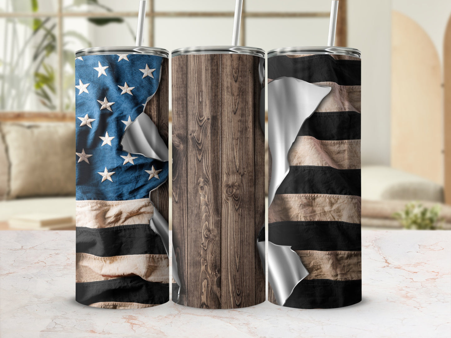 Two tumblers with distressed American flag design and wooden accents.