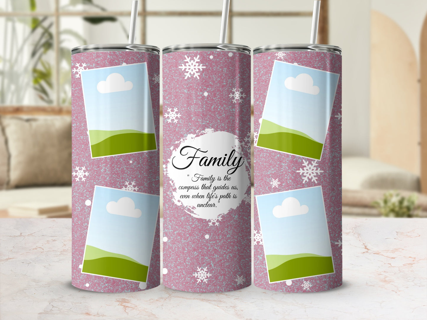 Pink glitter tumbler with snowflakes and family quote, featuring photo placeholders.