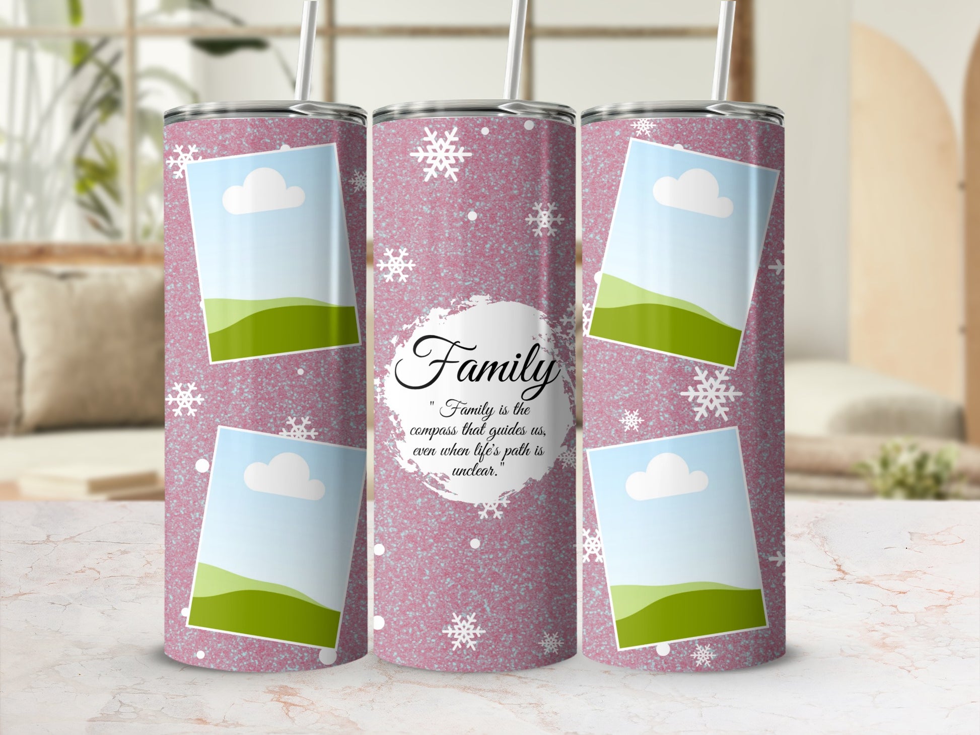 Pink glitter tumbler with snowflakes and family quote, featuring photo placeholders.