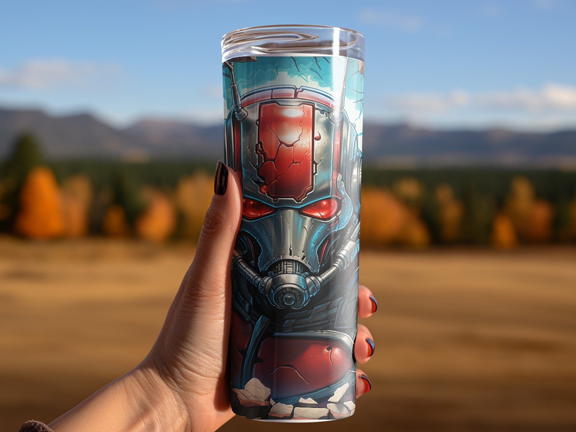 Vibrant superhero design travel mug with detailed artwork
